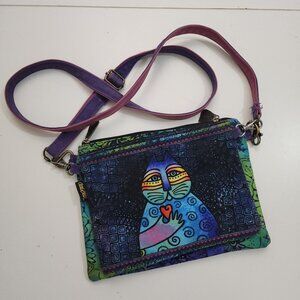 Laurel Burch "Wishing Love Cat" Canvas Crossbody Purse Blue and Green